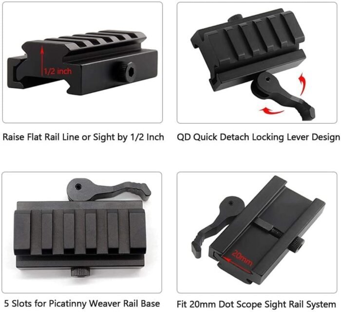 Picatinny Riser Mount, 5 Slots 1/2 Inch Low Profile Rail Adaptor with QD Quick Release Rail Base - Image 3