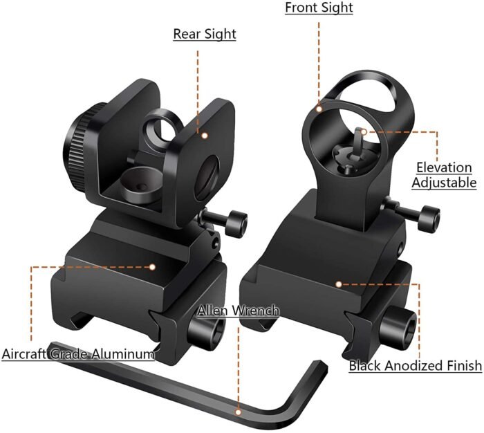 AR-15/AR-10 FLIP UP FRONT REAR BACKUP IRON SIGHT SET WITH ELEVATION WINDOW FIT 21MM RAILS - Image 4
