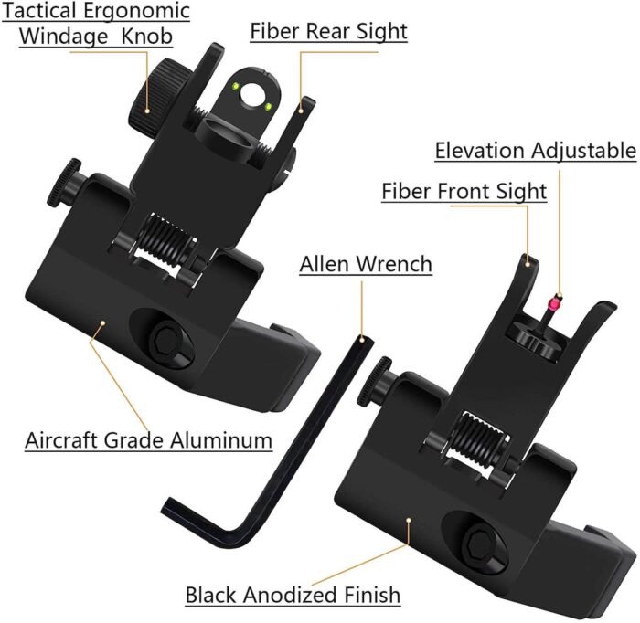 AR15/AR10 FIBER OPTICS IRON SIGHTS LOW PROFILE 45 DEGREE FLIP-UP FRONT AND REAR SIGHTS WITH RED AND GREEN DOTS FIT PICATINNY WEAVER RAILS - Image 4